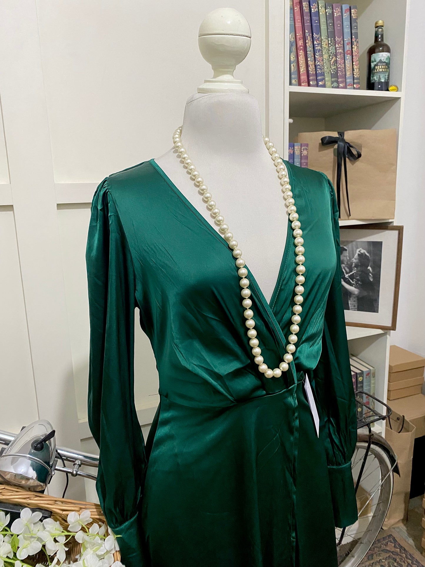 Vestido largo línea A verde oscuro manga larga