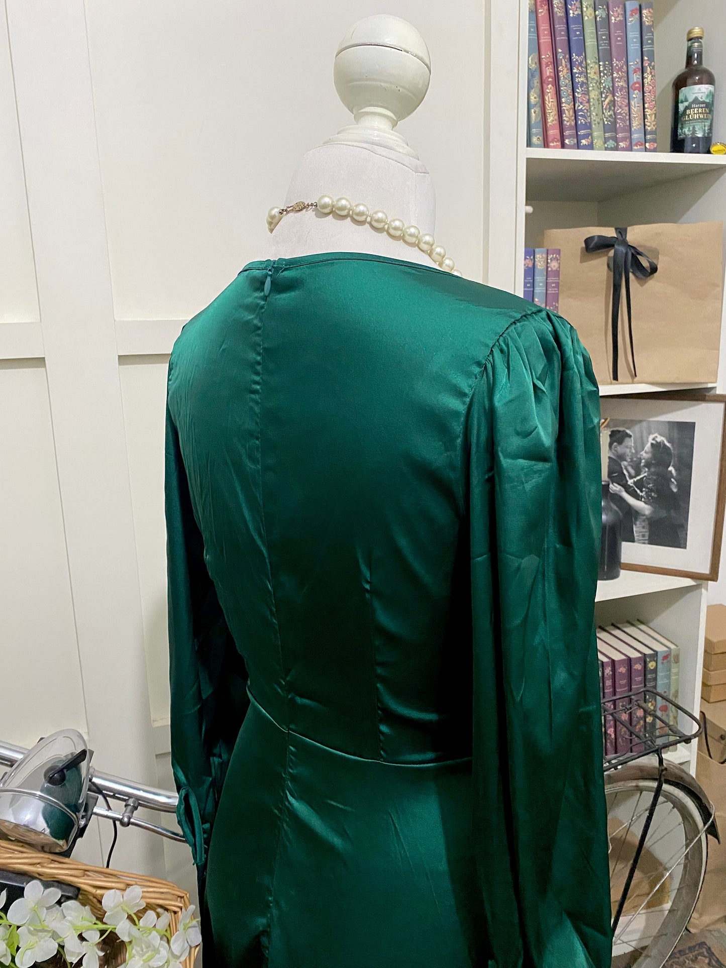 Vestido largo línea A verde oscuro manga larga