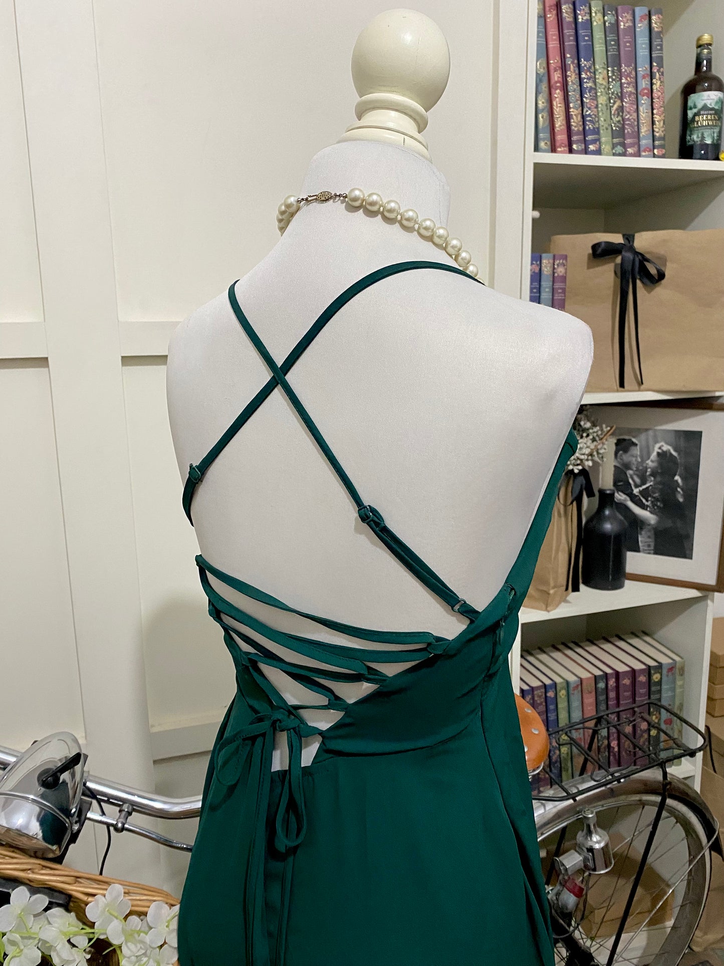 Vestido largo línea A verde oscuro tirantes