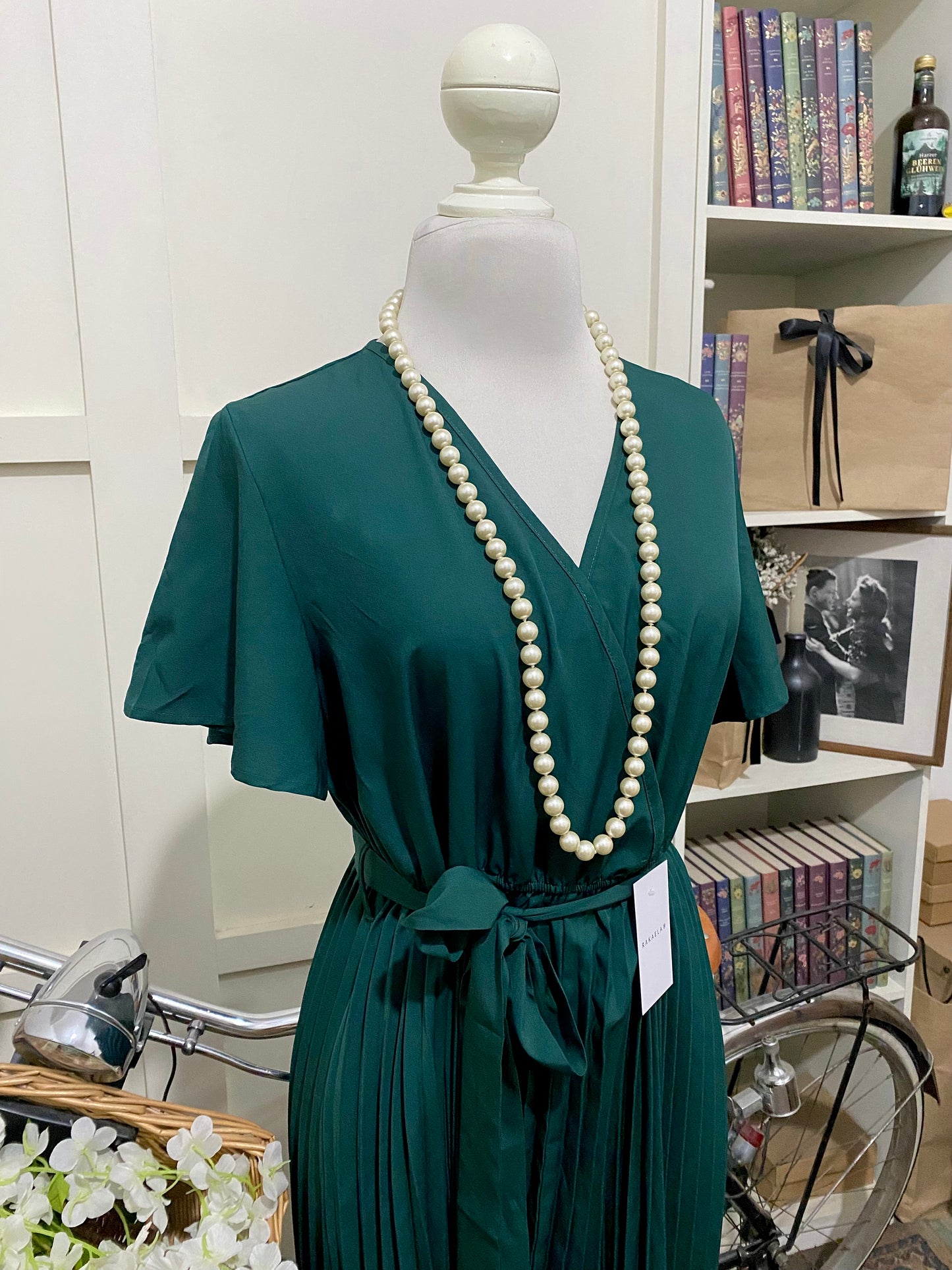 Vestido midi línea A verde oscuro manga corta