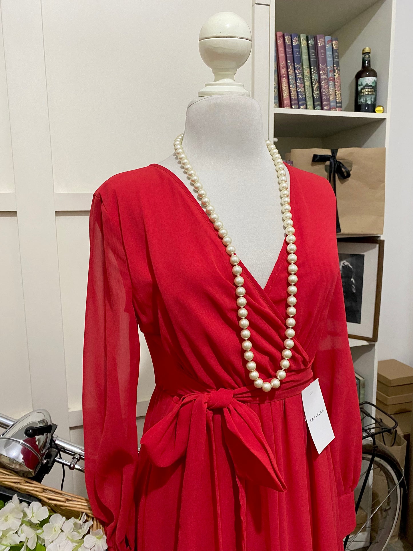 Vestido largo línea A rojo manga larga