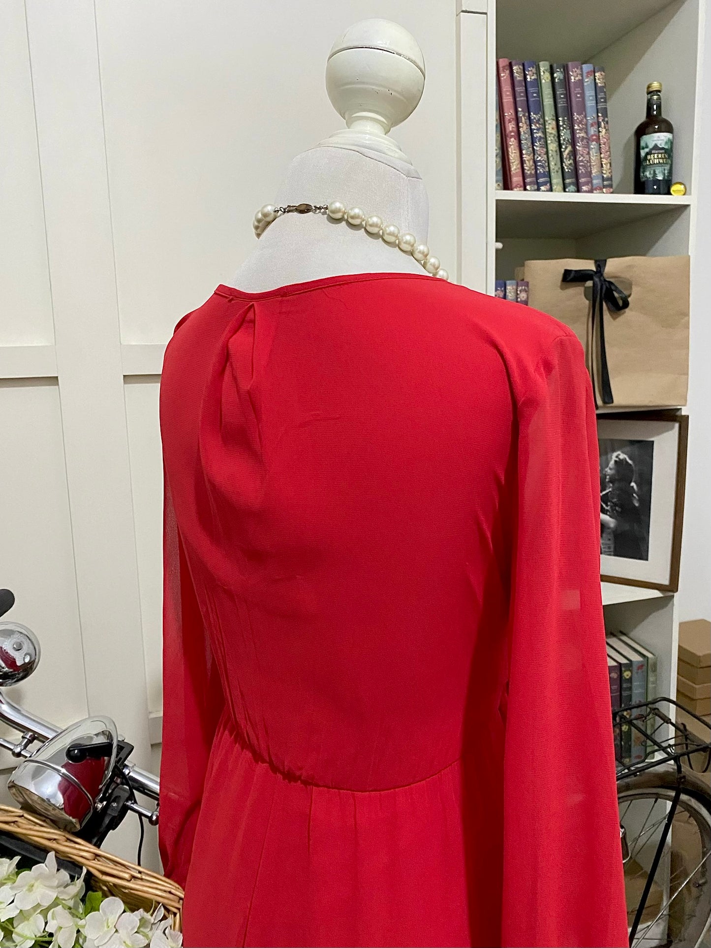 Vestido largo línea A rojo manga larga