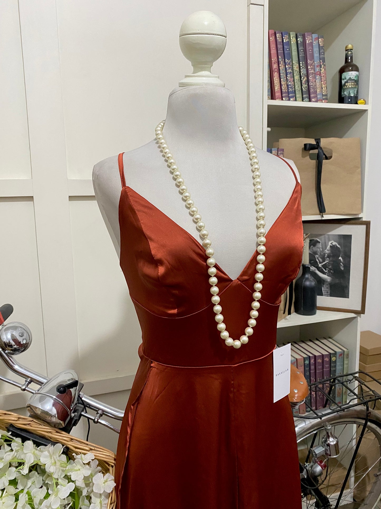 Vestido largo línea A óxido marrón tirantes