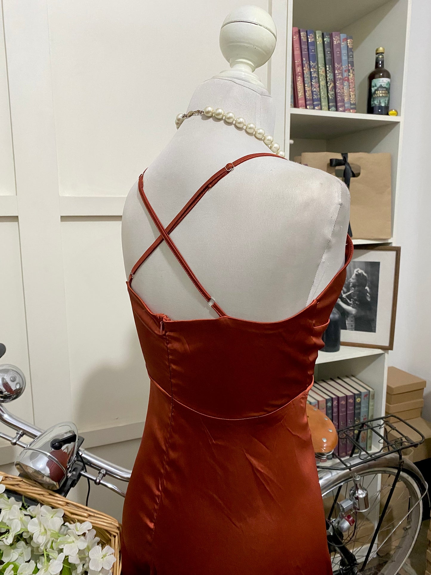 Vestido largo línea A óxido marrón tirantes