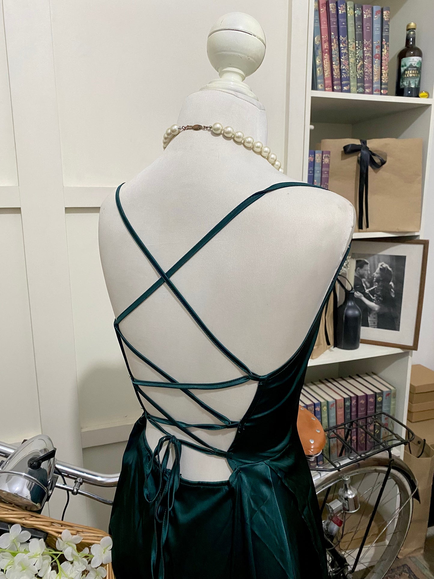 Vestido largo línea A verde oscuro tirantes