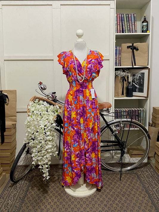 Vestido largo línea A anaranjado flores sin manga