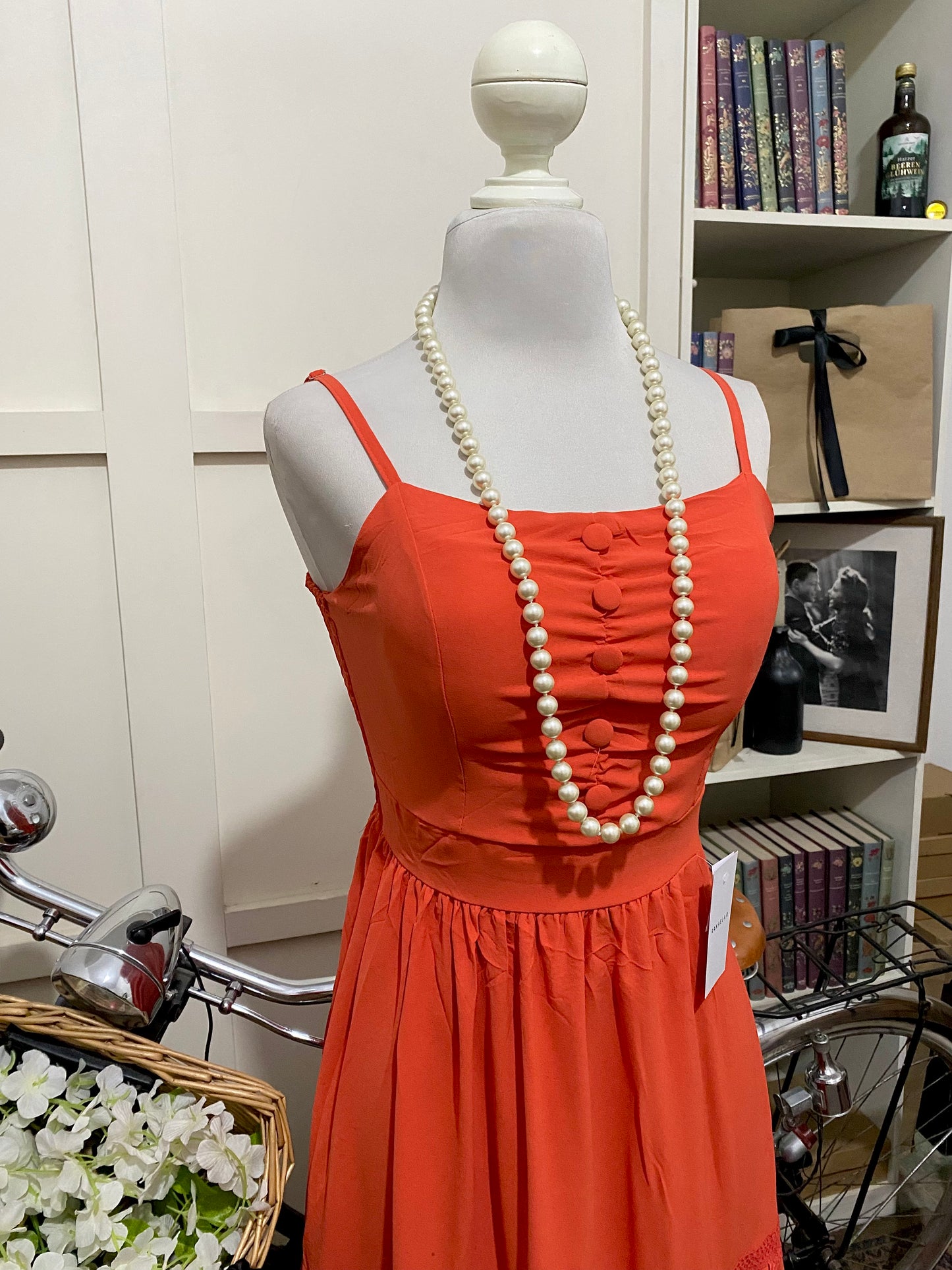 Vestido largo línea A anaranjado tirantes