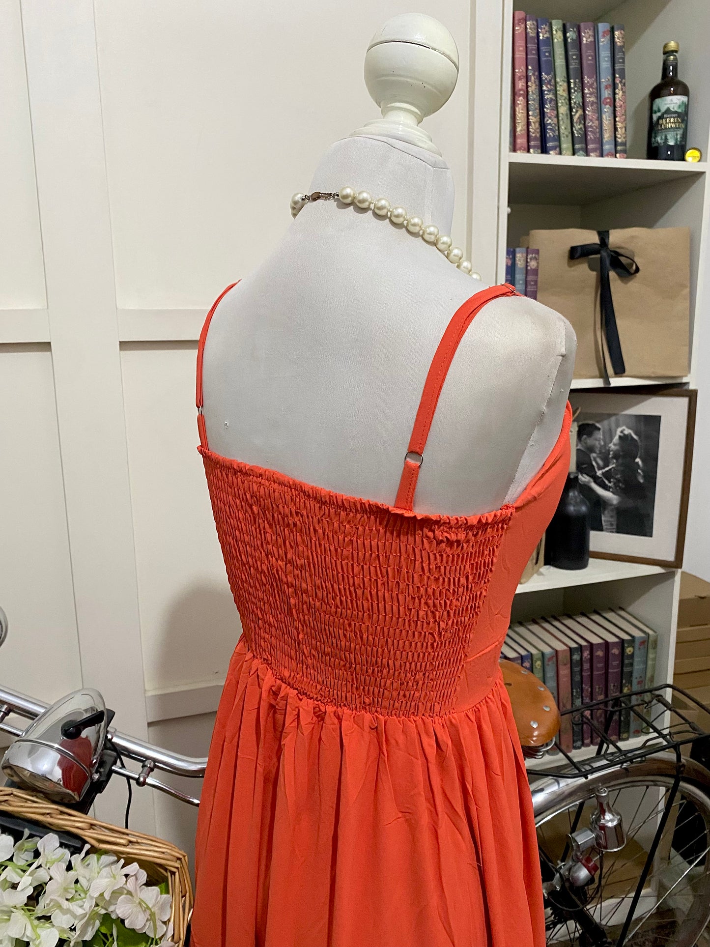 Vestido largo línea A anaranjado tirantes