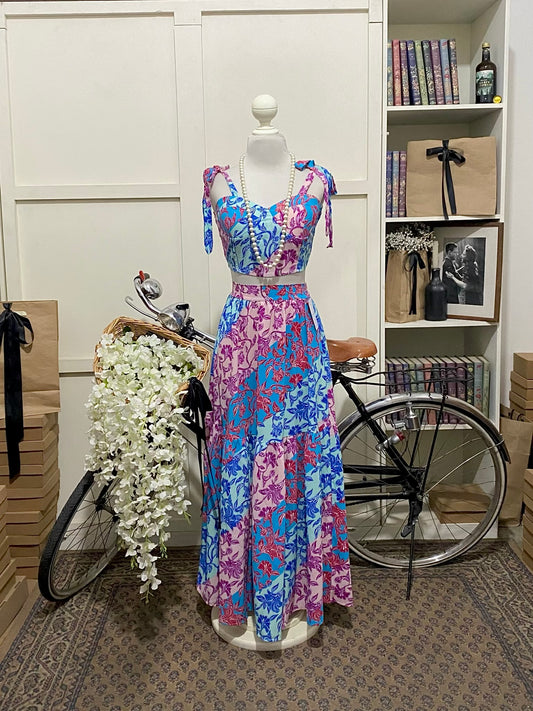 Conjunto top y falda largo línea A estampado tirantes