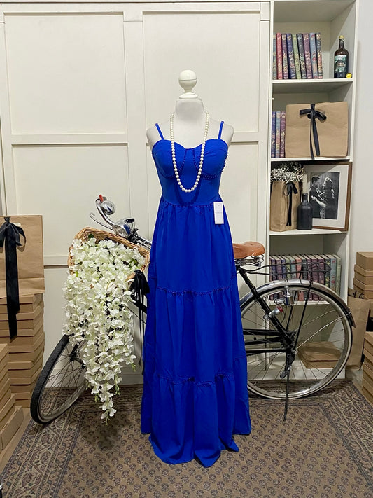 Vestido largo línea A azul rey o real tirantes