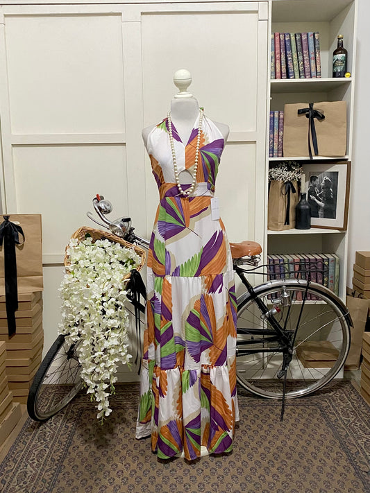 Vestido largo línea A albaricoque estampado halter