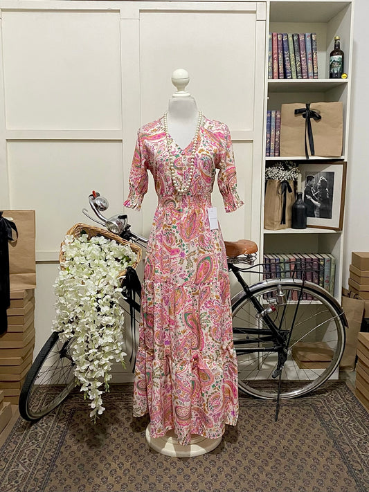Vestido largo linea A rosa flores manga corta