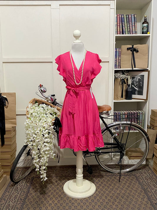 Vestido corto línea A fucsia sin manga