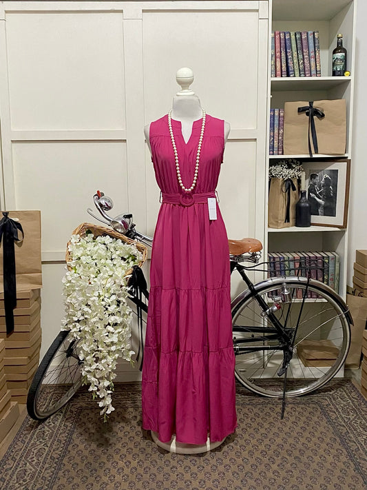 Vestido largo línea A fucsia sin manga