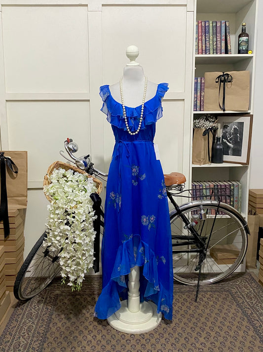 Samsara, vestido largo línea A azul flores tirantes