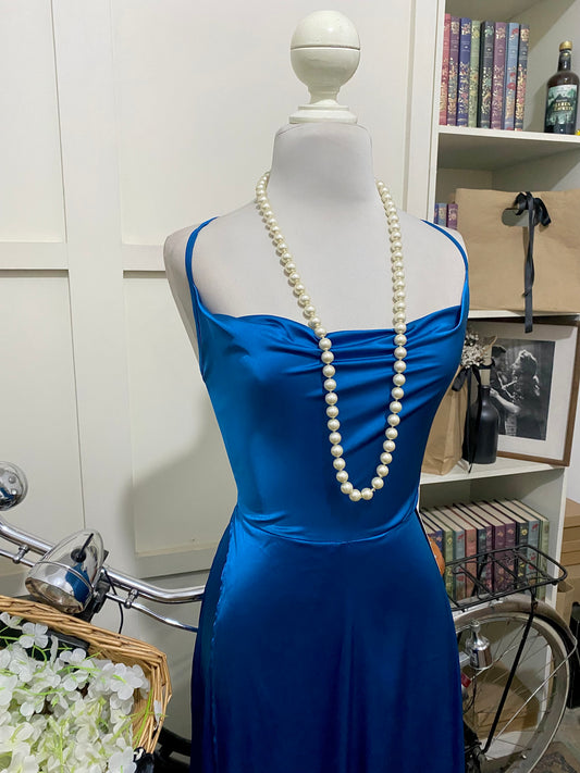 Schedewska, vestido largo línea A aqua verde azul tirantes