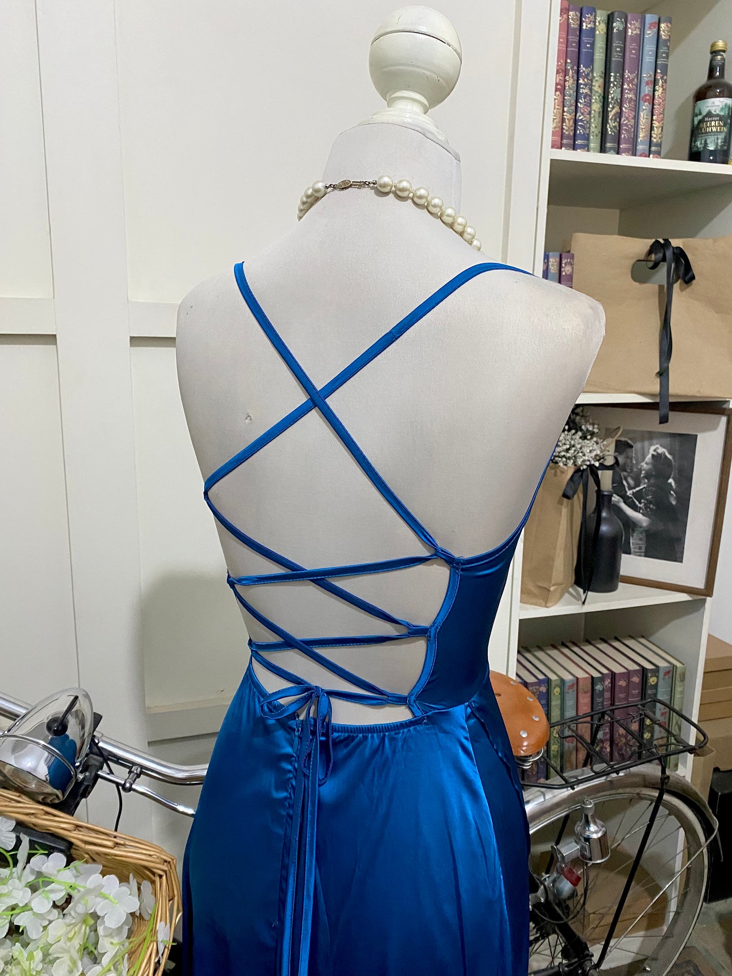 Schedewska, vestido largo línea A aqua verde azul tirantes