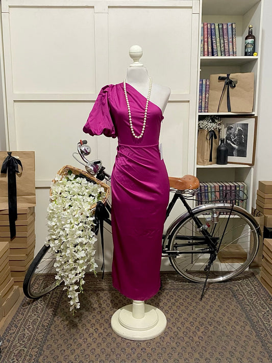 Vestido midi ajustado fucsia una manga