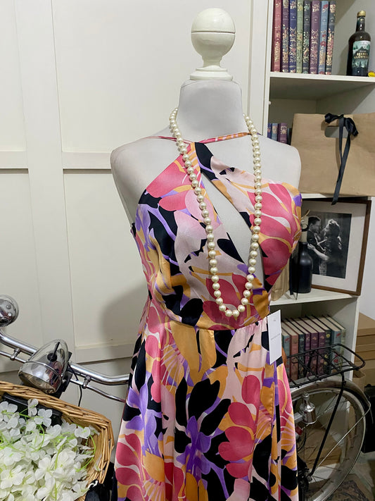 Bruna, vestido midi línea A albaricoque estampado flores tirantes