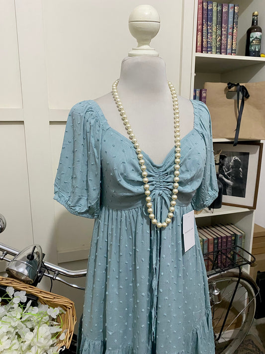 Sabi, vestido corto línea A azul manga corta