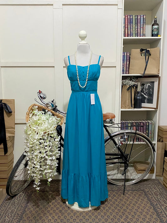 Amparo, vestido largo línea A agua verde azul tirantes