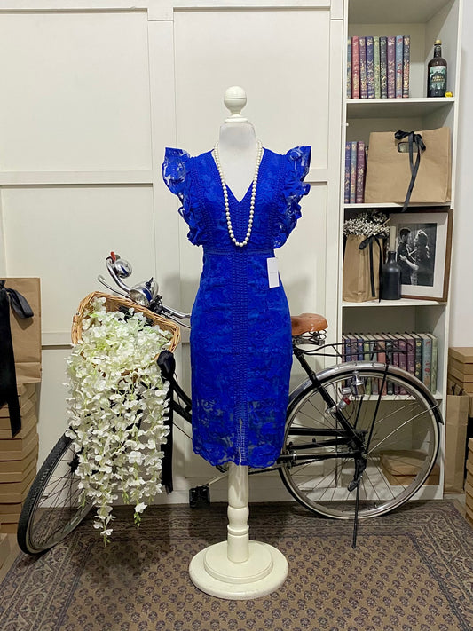 Raisa, vestido midi ajustado azul rey o real sin manga