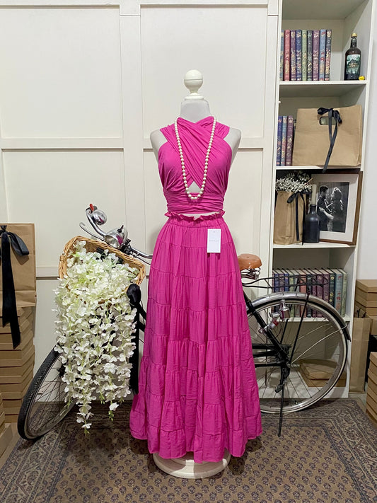 Mabel, vestido midi línea A fucsia amarre cintura