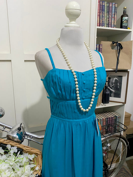 Amparo, vestido largo línea A agua verde azul tirantes