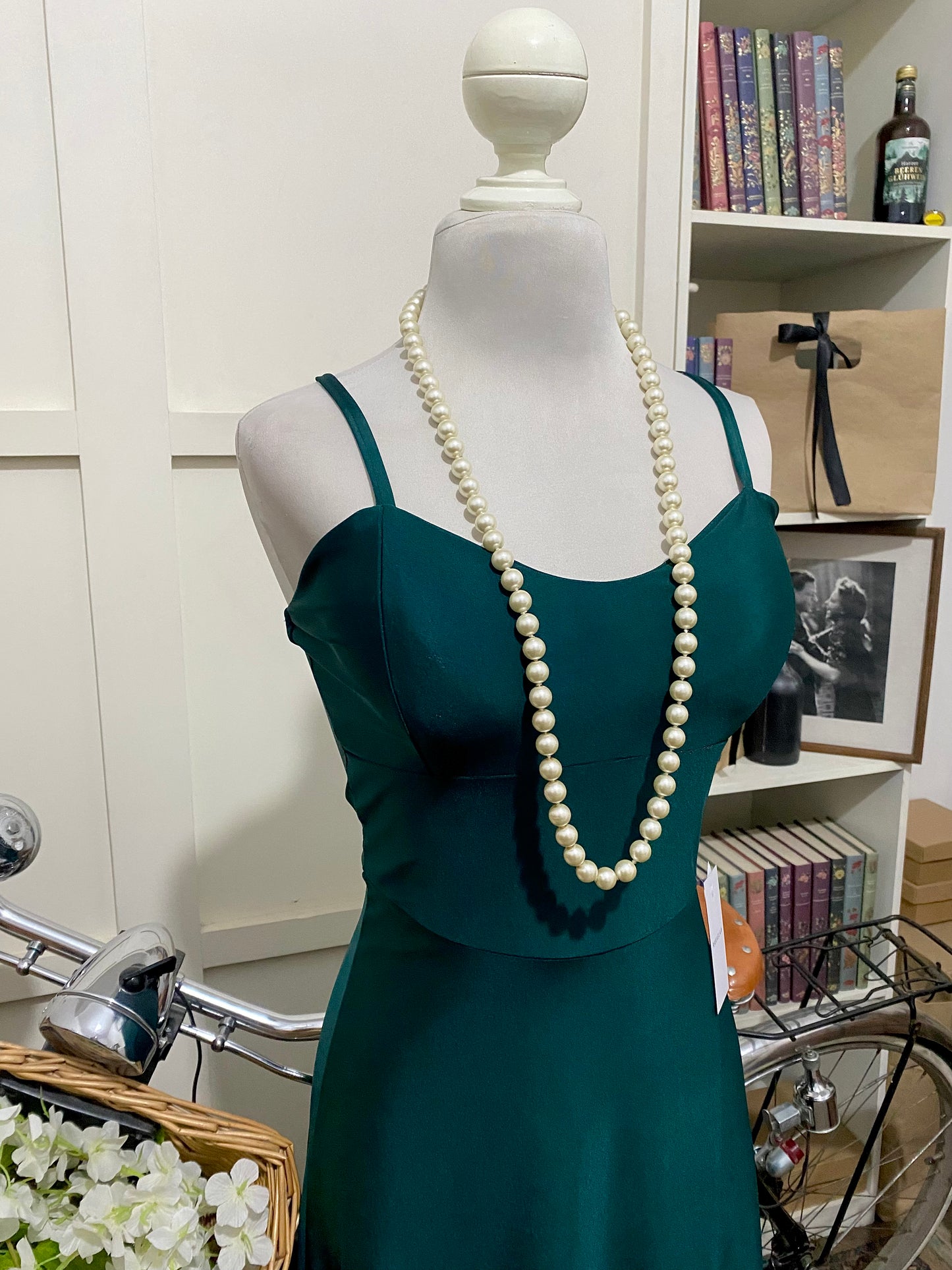 Vestido largo línea A verde oscuro tirantes