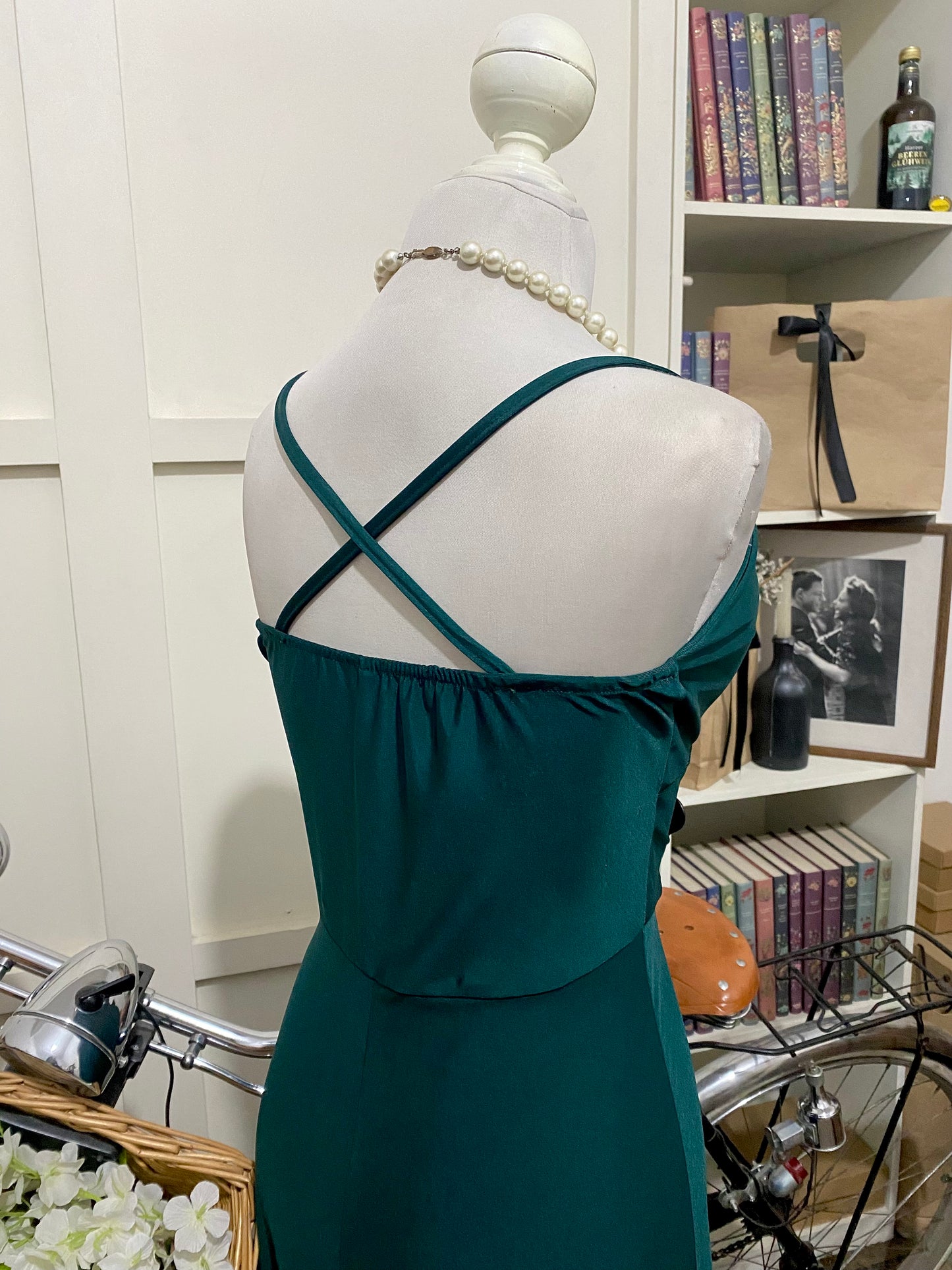 Vestido largo línea A verde oscuro tirantes