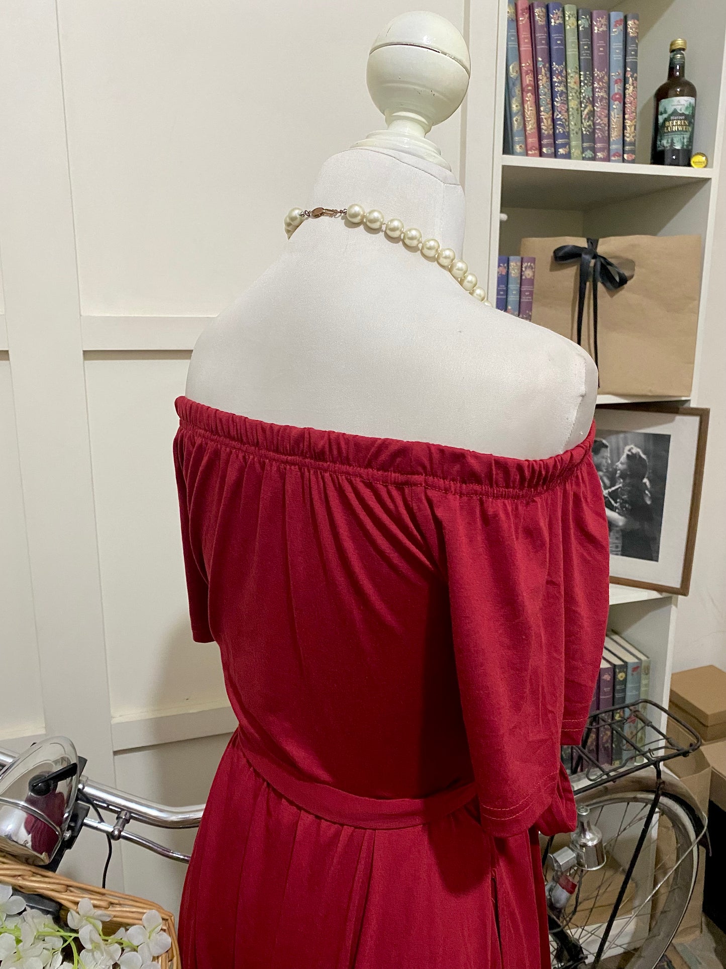 Vestido midi línea A tinto manga corta