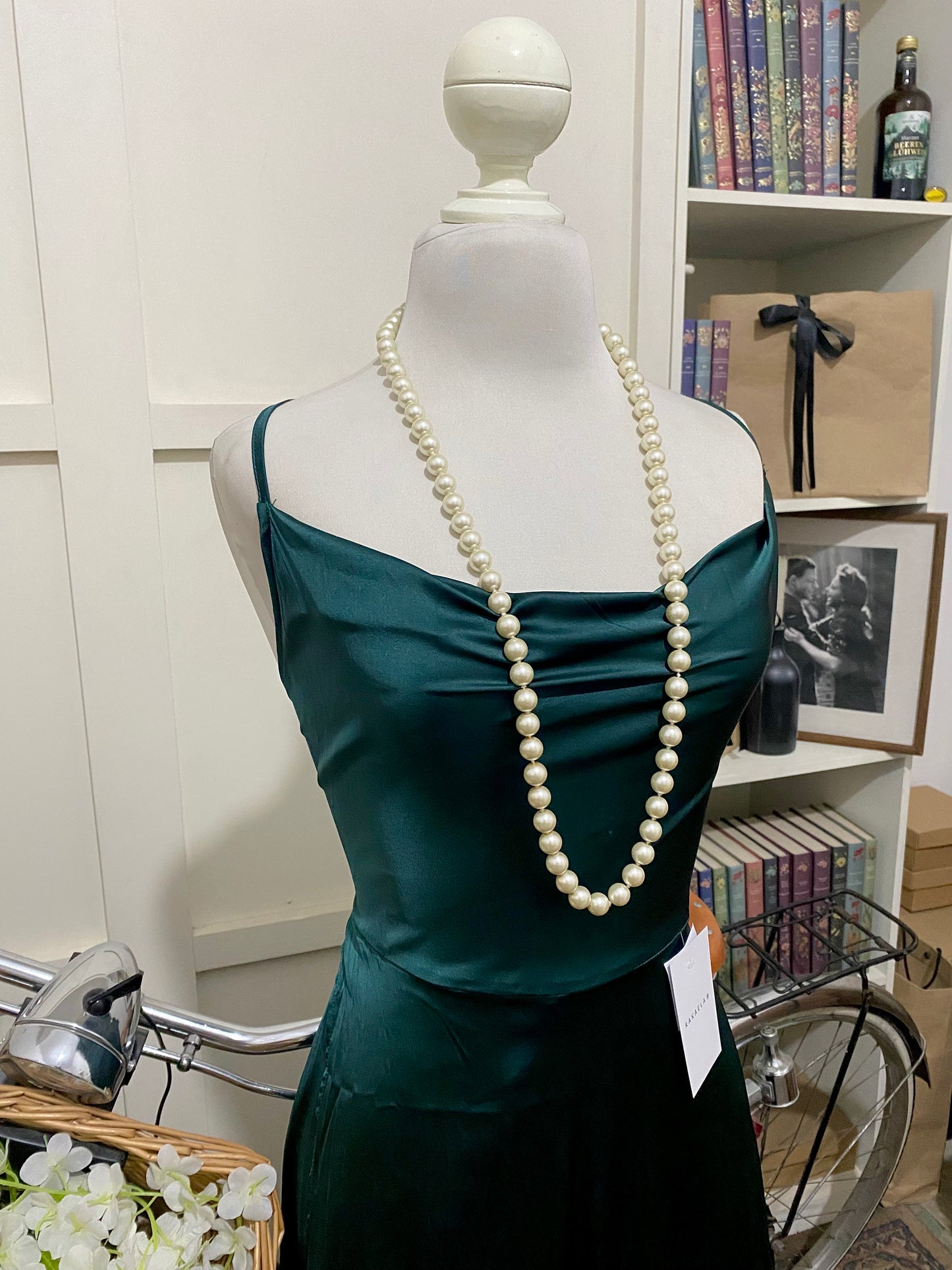 Vestido largo línea A verde oscuro tirantes