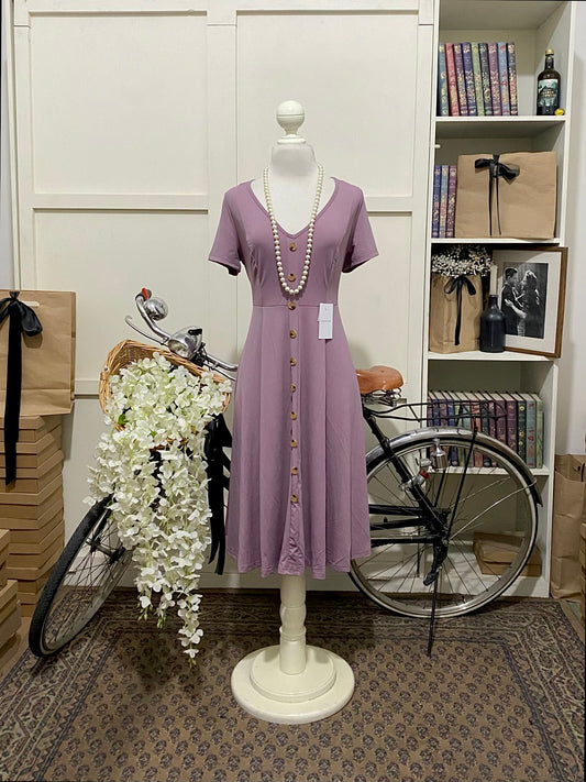 Vestido midi línea A púrpura malva manga corta