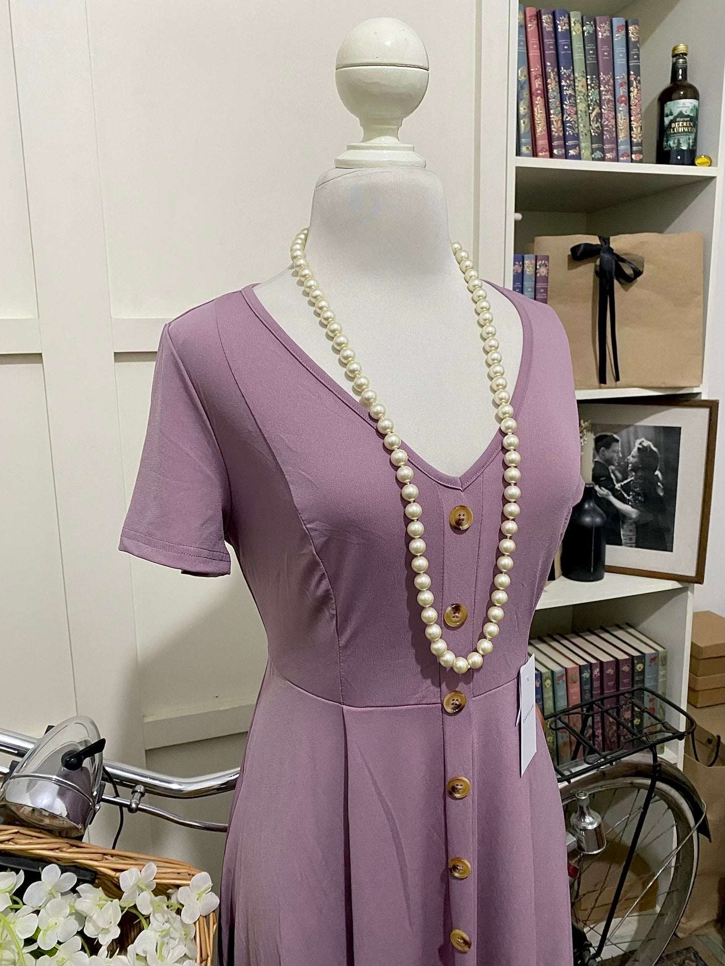 Vestido midi línea A púrpura malva manga corta
